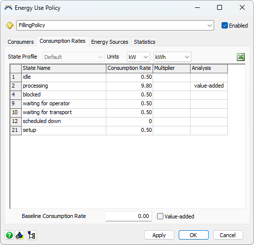 Consumption Rates tab of the Energy Use Policy tool